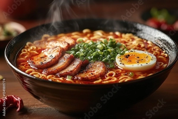 Fototapeta Enjoying a Delightful Bowl of Steaming Ramen With Tender Chashu Pork and a Perfectly Soft-Boiled Egg Garnished With Vibrant Scallions