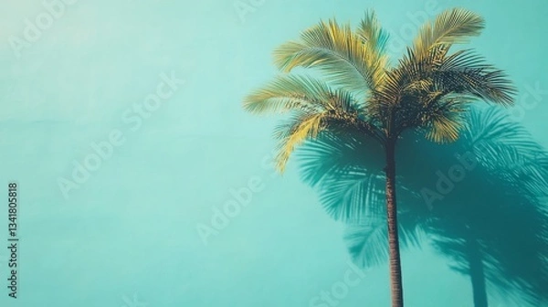 Fototapeta Single Palm Tree Shadow Against Teal Wall