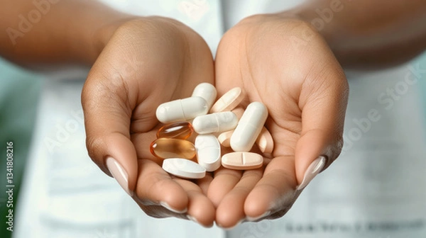Fototapeta Palm shows scattered capsules and capsules, exceeding the dosage, lack of caution in using drugs beyond daily requirements, leads to imbalance of the body and health risks