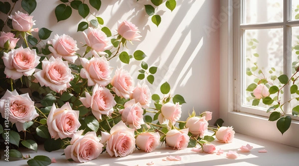 Obraz pink flowers besides a window