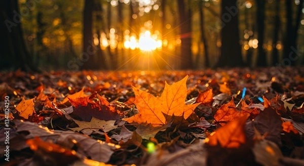 Fototapeta Autumn Maple Leaf on Forest Floor with Golden Sunset Light
