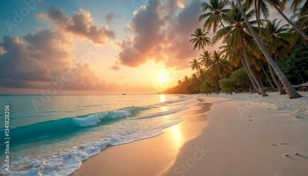 Fototapeta Tropical Beach at Sunset with Palm Trees