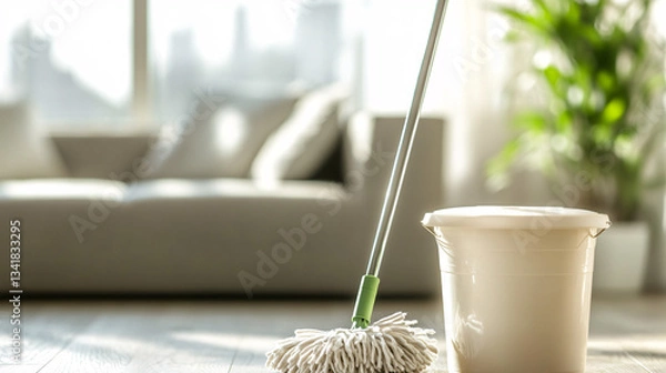 Fototapeta Clean minimalist arrangement of mop and plastic bucket on polished hardwood floor in sunlit room
