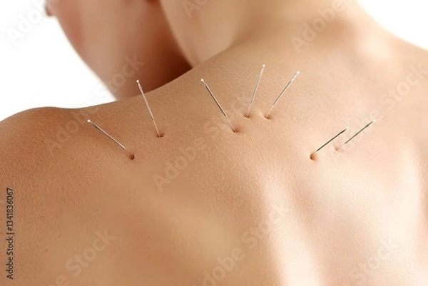 Fototapeta Needle Therapy: An intimate view showcases needles inserted into a person's back, offering a glimpse into the holistic practice and its potential to promote well-being.