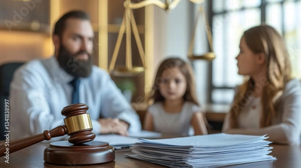 Obraz Divorce lawyer mediation meeting with attorney, couple discussing children, property, and family matters in calm and happy environment