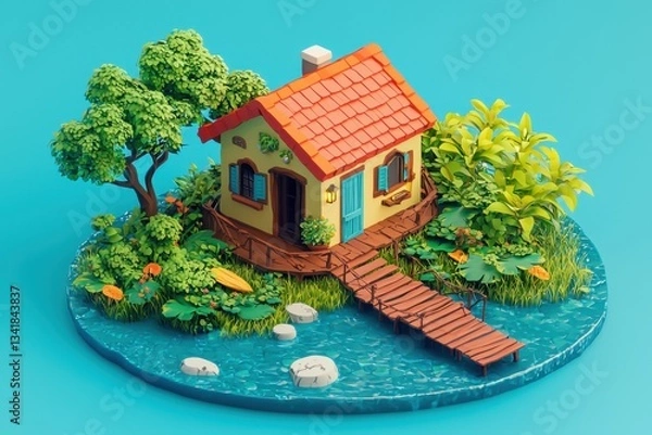 Fototapeta Cute, stylized, isometric, cartoon cottage on a circular island with lush greenery and a small wooden dock.