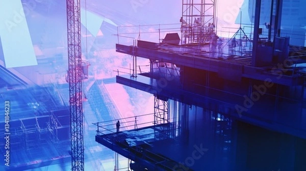 Obraz Digitally rendered construction site with double exposure and vibrant colors