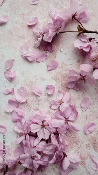 Fototapeta Delicate pink cherry blossoms scattered gracefully over a soft pastel background, evoking feelings of renewal and tranquility in springtime