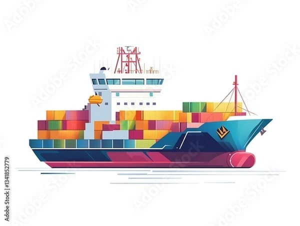 Fototapeta Global Trade in Motion: A vibrant cargo ship navigates the open waters, laden with colorful shipping containers, representing the flow of international trade and logistics. 