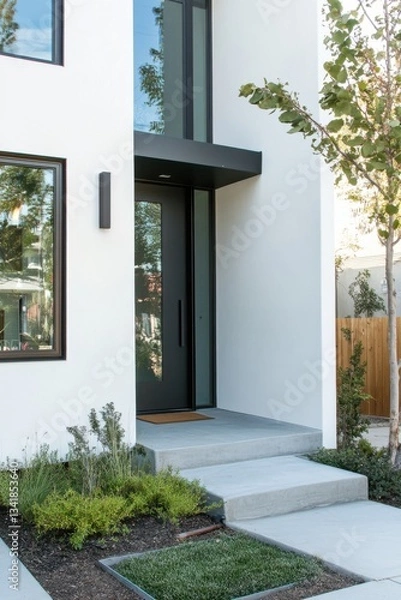 Fototapeta The entrance of a contemporary house showcases a sleek architectural design, complemented by minimal landscaping, all set within a suburban neighborhood during the bright daylight