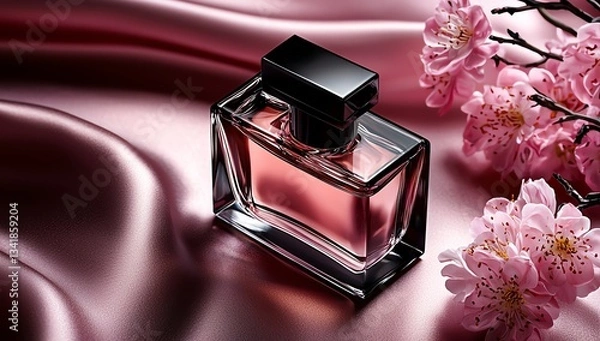 Obraz An elegant perfume bottle set against a silky backdrop and delicate cherry blossoms, symbolizing beauty, luxury, and sophistication in personal fragrance choices.