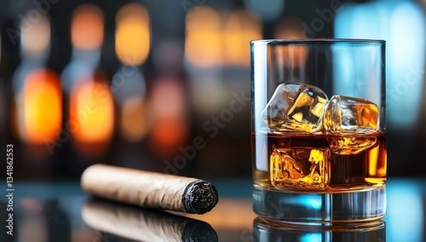 Fototapeta A close-up shot of a glass filled with whiskey and ice, alongside a cigar