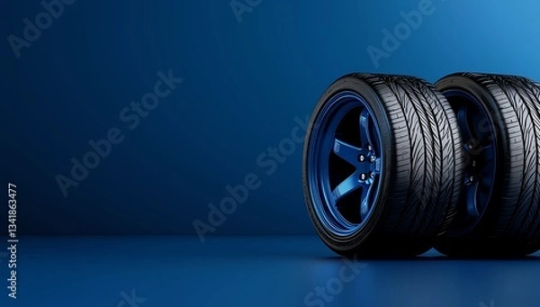 Obraz A pair of sleek, blue racing tires positioned against a smooth blue background. The modern design emphasizes speed and performance, ideal for automotive enthusiasts and marketing.