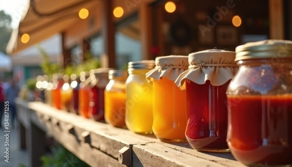Fototapeta Authentic photorealistic shot of neatly arranged jars of vibrant jams, honey, and preserves on an outdoor farmer's market stall with natural textures of wood and glass jars in focus
