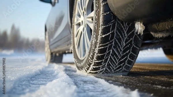 Fototapeta Close-up of a winter tire on a snowy road, showcasing traction while a car navigates icy conditions