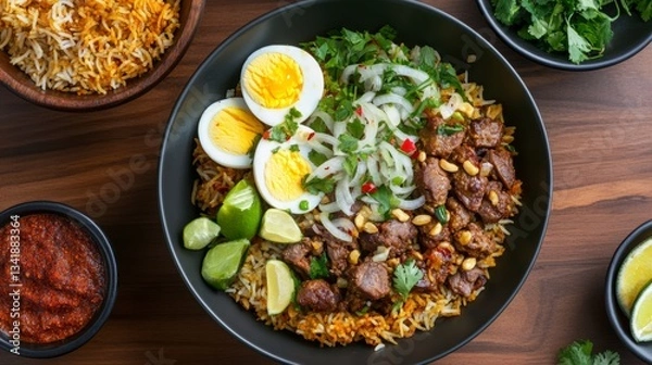 Fototapeta Indulge in vibrant Bangladeshi biryani featuring goat meat, basmati rice, fried onions, and boiled eggs, served traditionally with a colorful array of spices