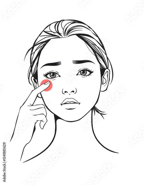 Obraz line art drawing Dermatology, scratch asian young woman, girl face worry and itch, itchy allergy, allergic sensitive reaction, red spot or rash on face. Beauty care from skin problem Generative Ai