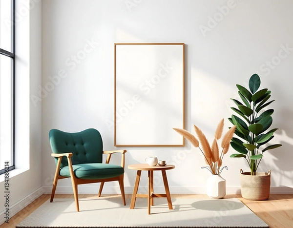 Obraz Advertising poster style Minimalist composition of living room interior with design green armchair, mok up poster frame, plant and decorations. Home decor. . Professional, modern, Generative Ai