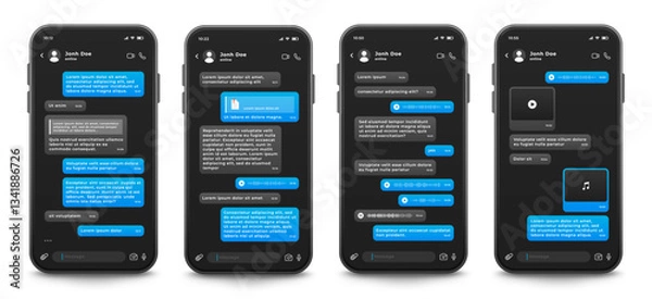 Fototapeta Messaging mobile app interface template, vector illustration. Smartphone with dark theme of chat application on screen. Social network.
