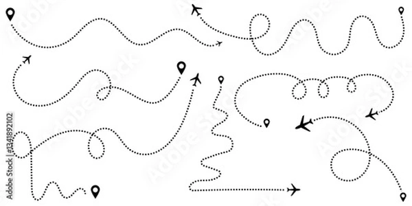 Fototapeta Airplane line path icon. Air plane flight route with line trace vector illustration. Dashed route travel concept. Plane flight way wallpaper isolated on white background. Aviation track symbol.