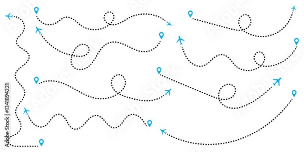 Fototapeta Airplane routes, Travel icon, Travel from start point and dotted line tracing, Plane routes flight air dotted map drawing