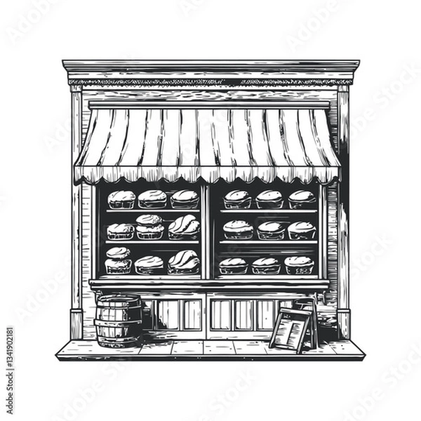 Fototapeta Vintage Bakery Front with Pastries Displayed in Woodcut Style