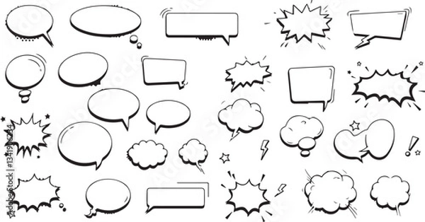 Fototapeta Cartoon empty retro comic style speech bubbles set with black halftone shadows. Hand drawn pop art, vintage speech clouds, thinking bubbles, and conversation text elements. Vector illustration