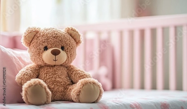Fototapeta A soft, plush teddy bear sitting on a pink crib in a cozy nursery with gentle sunlight filtering through