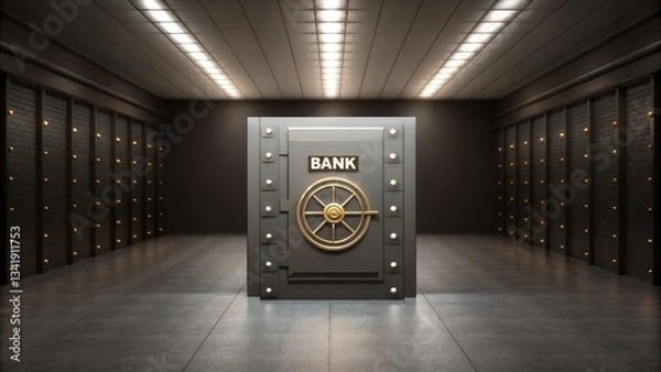 Fototapeta A modern bank vault with a prominent safe in the center and rows of secure storage lockers lining the walls.