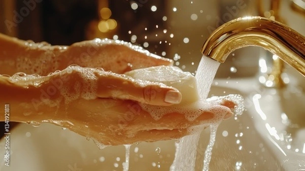Fototapeta Hands washing a bar of soap under a golden faucet with bubbles, in a luxurious bathroom setting