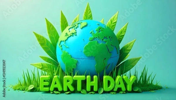 Fototapeta The 3d rendering a green earth with grass and flowers, the text is written is EARTH DAY. The background is plain.