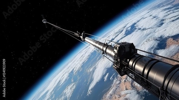 Fototapeta Conceptual futuristic space elevator tethered to earth with a platform view
