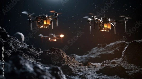 Obraz Futuristic space mining operation utilizing autonomous drones for resource extraction