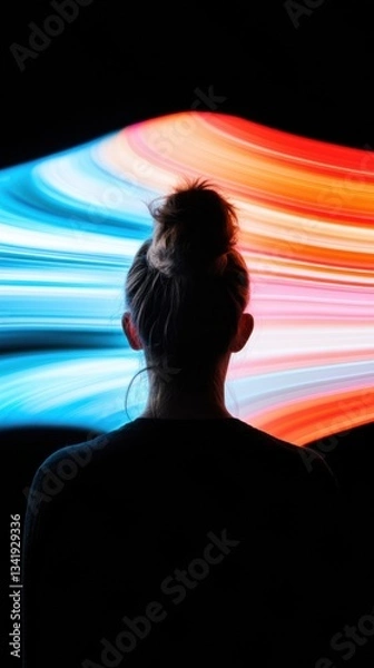 Fototapeta Immersive Digital Horizon Silhouetted Professional Exploring Transformative Data Visualization Landscapes in Next-Gen AI-Powered Analytics Environment