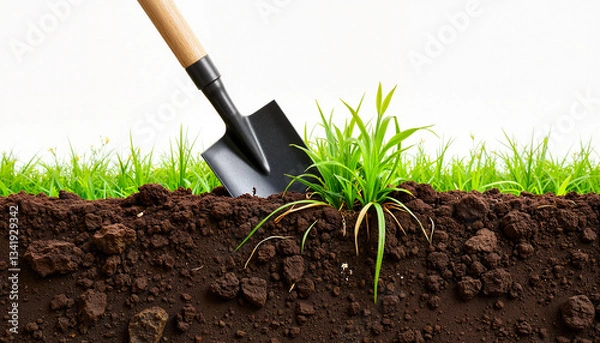 Fototapeta Spade cutting through dense weed roots in neat garden patch, battle with weeds