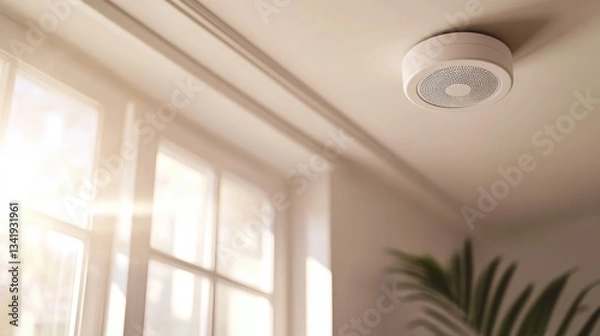 Fototapeta Modern smoke detector installed on ceiling in bright room with sunlight streaming through windows and greenery