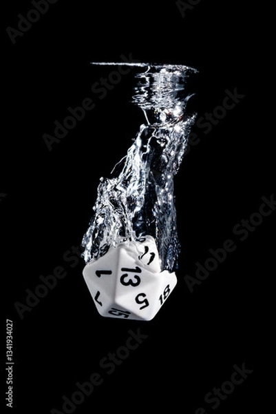 Fototapeta Splash photography of a 20 faces dice dropped in water with black background