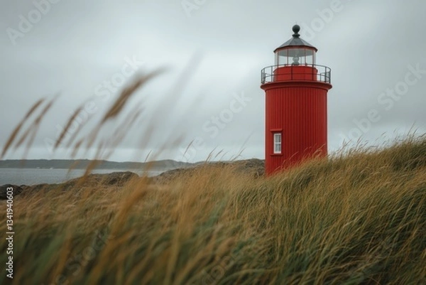 Fototapeta Red lighthouse on coastal dunes on a cloudy day.  Possible use Stock photo for travel, nature, or nautical themes