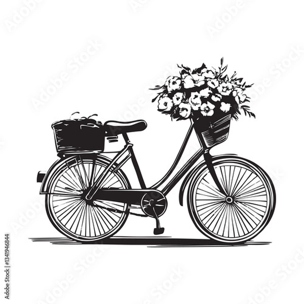 Fototapeta Old vintage bicycle with basket with flowers black on white background isolate, retro bike line drawing