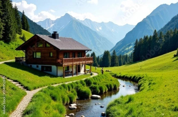 Fototapeta Landscape of mountain lodge in the green meadows and  hills with a sparkling stream