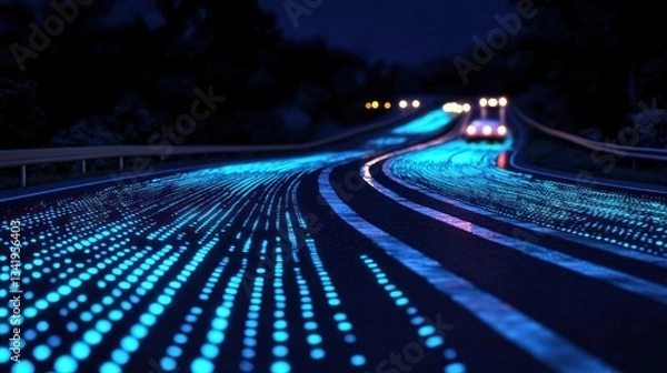 Fototapeta Futuristic smart road illuminated with embedded sensors and connected vehicles at night