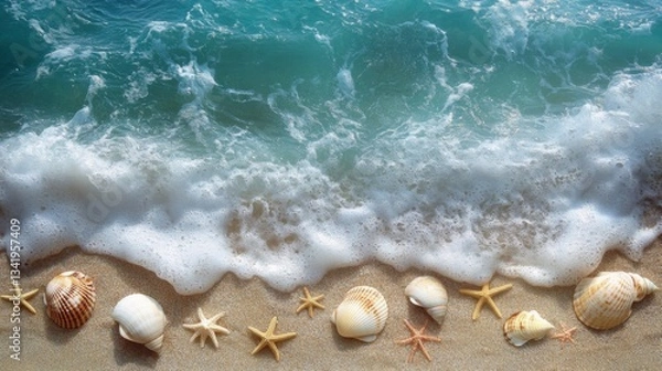 Obraz Seashells and Starfish on Sandy Beach with Ocean Waves