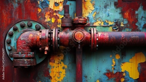 Obraz Rusty Red Metal Pipe on Weathered Colorful Wall