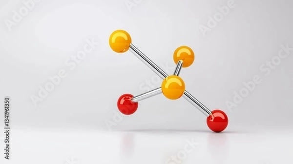 Fototapeta Abstract Molecular Structure - A 3D of a colorful molecular structure with red and yellow spheres connected by silver rods against a white background
