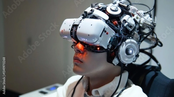 Fototapeta Person wearing futuristic augmented reality headset with intricate wiring and lights