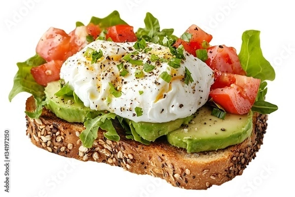 Fototapeta A fresh avocado toast with poached egg, isolated on white background