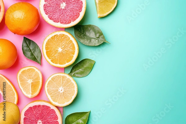 Fototapeta A stylish flat lay composition of vibrant citrus fruits on pink and blue background for a modern vegetarian card