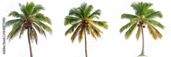 Fototapeta A coconut palm tree with large, arching fronds and clusters of coconuts hanging from its top, isolated on a transparent background
