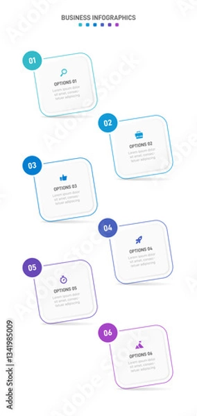 Fototapeta Vertical progress bar featuring 6 arrow-shaped elements, symbolizing the six stages of business strategy and progression. Clean timeline infographic design template. Vector for mobile presentation.
