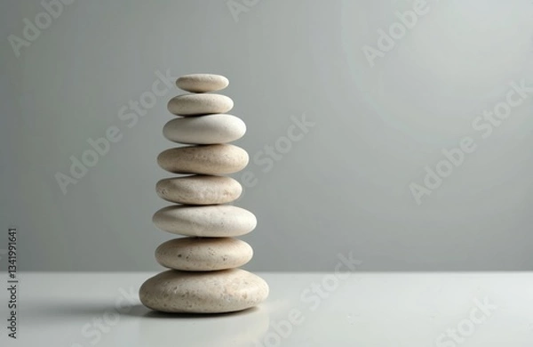 Obraz Stack of balanced zen stones on white table, grey background. Represents stability, equilibrium. Risk management, balance, harmony, peace of mind, wellness. Metaphor for strategy, control, safety,